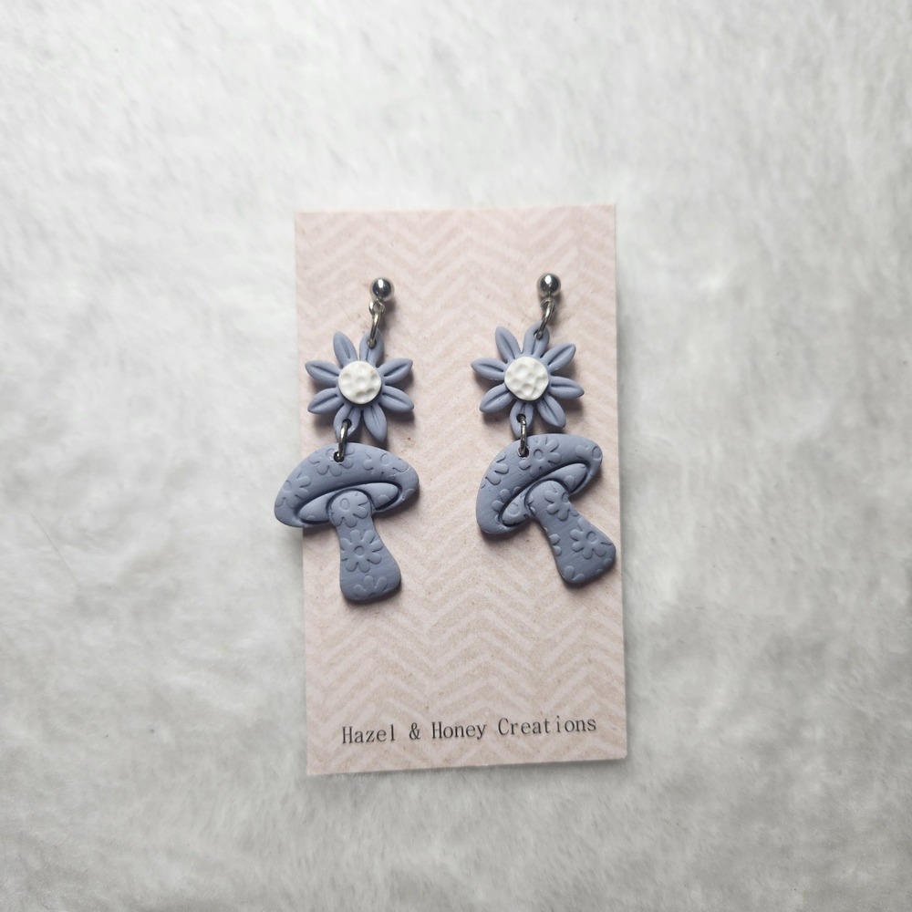 Hazel & Honey Creations Blue Mushroom Flower Polymer Clay Dangle Earrings NEW